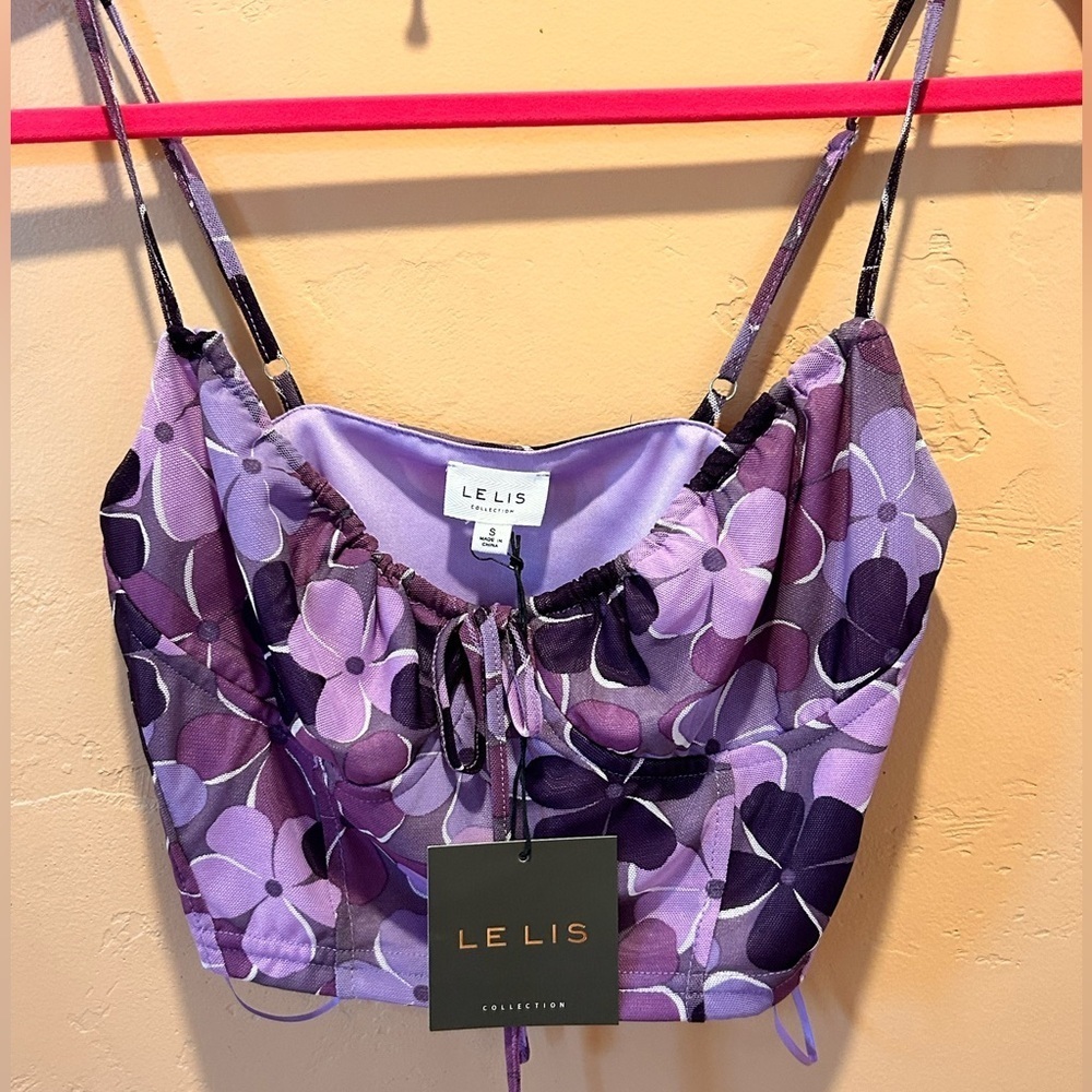 LE LIS Purple Floral Spaghetti Strap Crop Top Womens Size Small NWTS